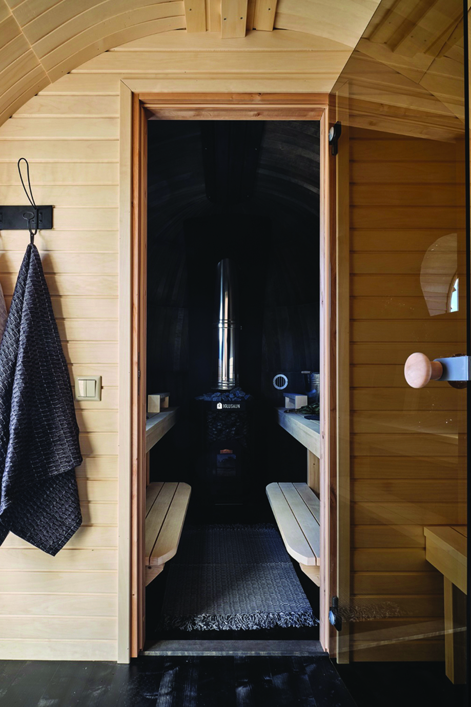 View into the sauna at Maycroft Retreat.