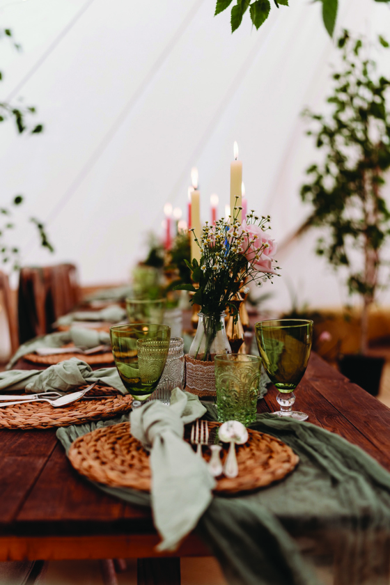Rustic table set-up for intimate wedding at Maycroft Retreat in Perthshire, Scotland.