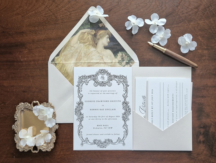 Fine art pockerfold wedding invitation in neutral tones