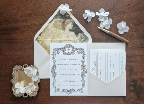 Fine art pockerfold wedding invitation in neutral tones
