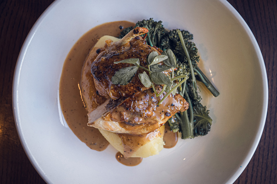 Plate with chicken, mashed potato and tenderstem broccoli by Tatties and Tipples Event Catering in Scotland.
