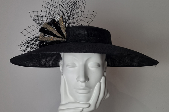 Black boater hat with veil and vintage hand-beaded trim by Hazel Goodwin Millinery