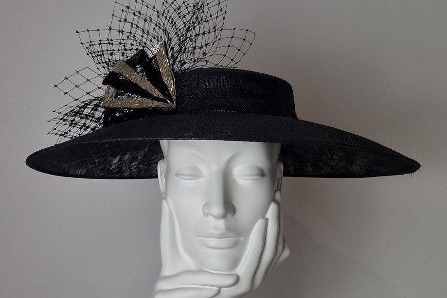 Black boater hat with veil and vintage hand-beaded trim by Hazel Goodwin Millinery