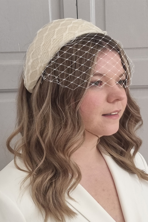 Bridal face veil and straw band in ivory by Hazel Goodwin Millinery
