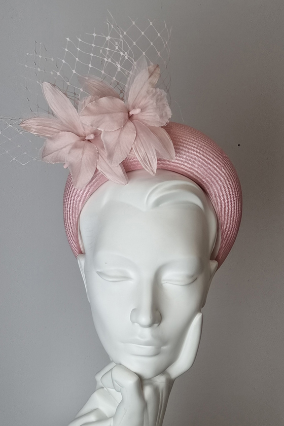 Pale pink headband with baby pink flowers and matching veil