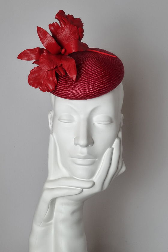 Red leather flower beret by Hazel Goodwin Millinery