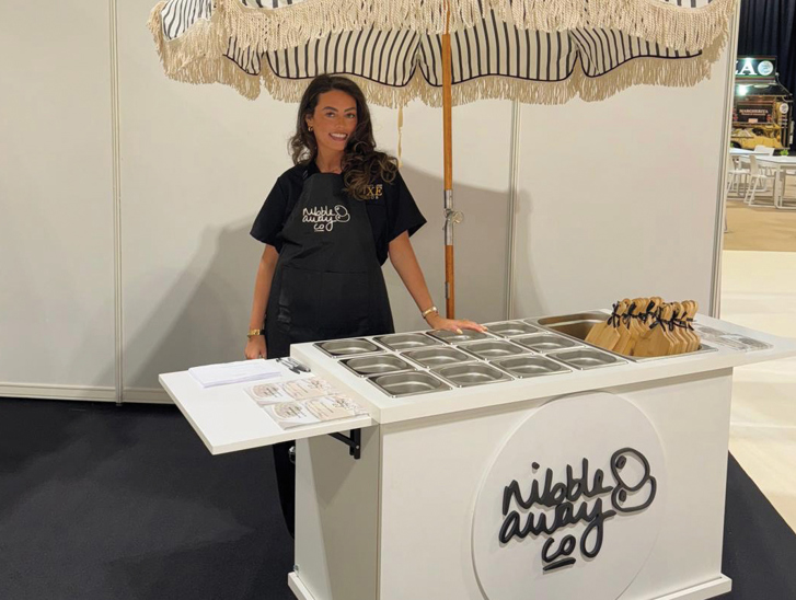 Nibble Away Co wedding catering cart at the Scottish Wedding Show in Glasgow, showcasing grazing table and charcuterie cup service