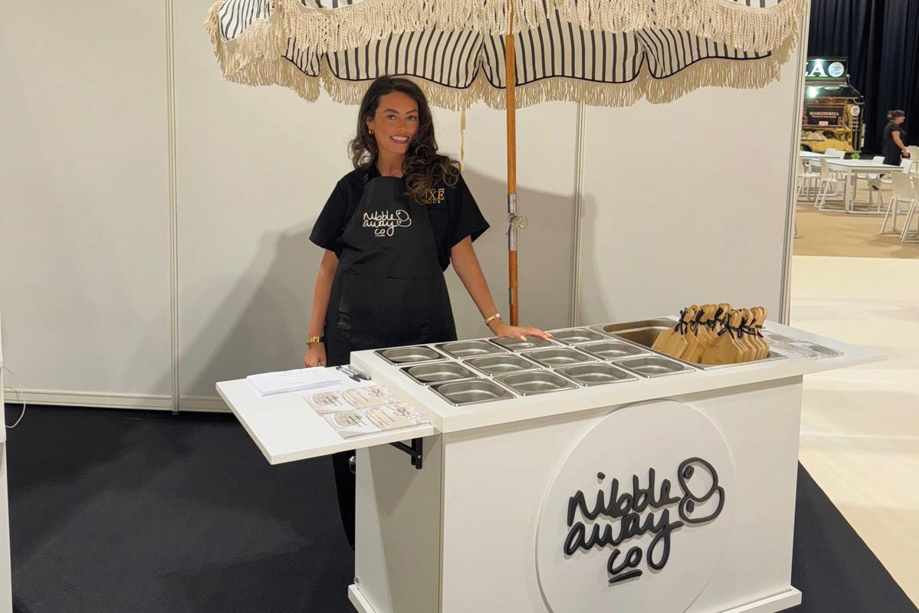 Nibble Away Co wedding catering cart at the Scottish Wedding Show in Glasgow, showcasing grazing table and charcuterie cup service