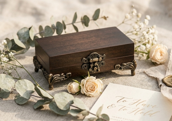 Handcrafted wooden wedding ring box for a wedding ceremony