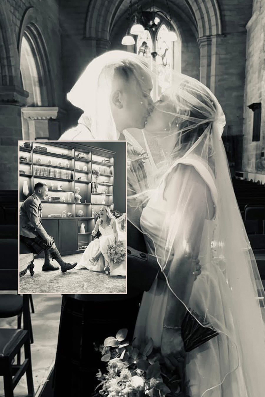 Romantic wedding content collage featuring bride and groom kissing in church alongside a candid image of the couple laughing together by Effortless Ivory Weddings