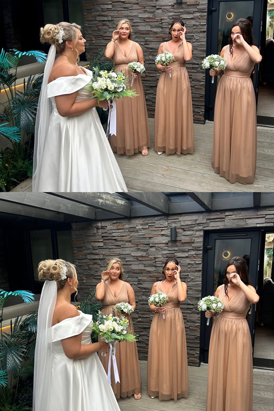 Bridesmaids in champagne dresses reacting emotionally to the bride’s wedding dress reveal captured by Arauthentic Moments