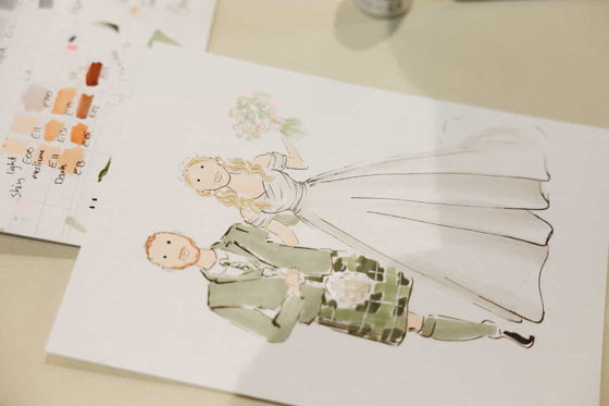 Hand-drawn live wedding illustration of a bride and groom in Scottish wedding attire created by That’s So Sketch.