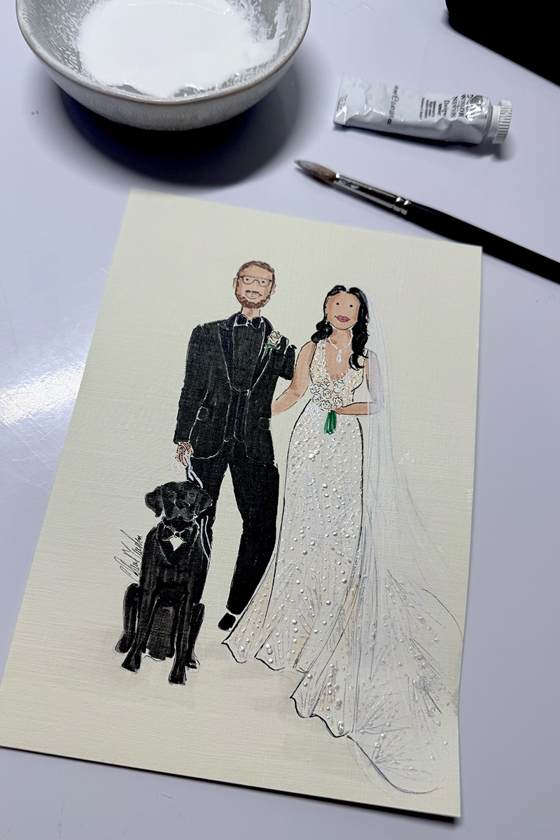 Hand-drawn custom wedding illustration featuring a bride, groom and black dog in formal attire created by That’s So Sketch.