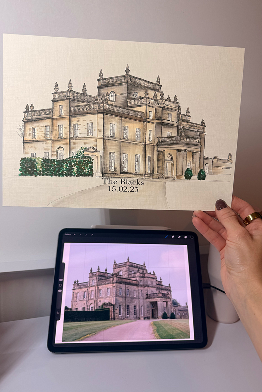 Detailed hand-drawn wedding venue illustration created from a photograph by That’s So Sketch, showing a large Scottish manor house.