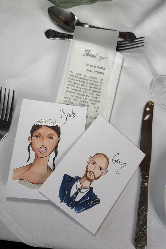 Bride and groom hand-drawn illustrations used as personalised wedding table setting details and keepsakes.
