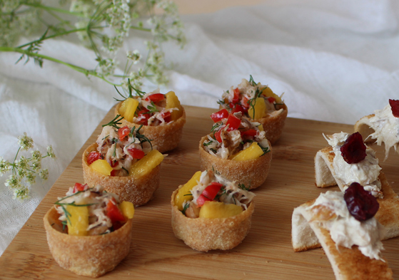 Seasonal handcrafted canapés with seafood and fresh ingredients prepared by Wylie & Wood for weddings and events.