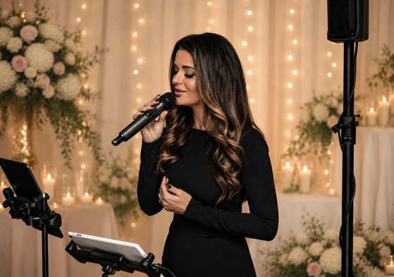 Vocals by Suzie at a wedding exhibition stand with branded signage, live music setup and handheld microphone