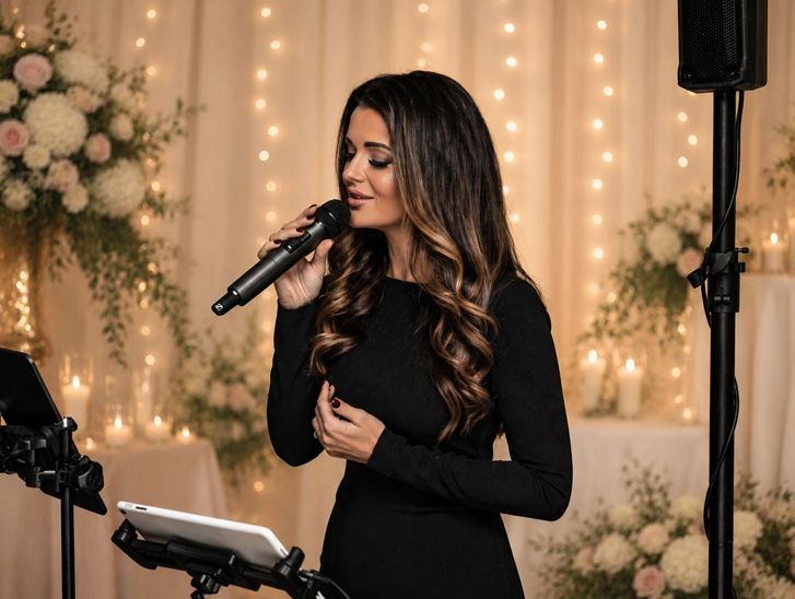 Vocals by Suzie at a wedding exhibition stand with branded signage, live music setup and handheld microphone
