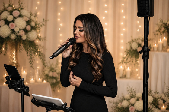 Vocals by Suzie at a wedding exhibition stand with branded signage, live music setup and handheld microphone