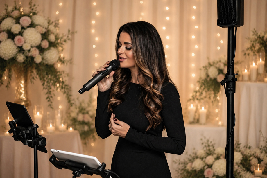 Vocals by Suzie at a wedding exhibition stand with branded signage, live music setup and handheld microphone