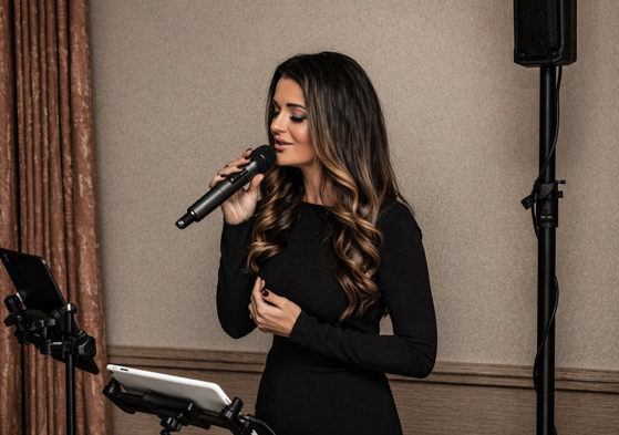 Close-up of Vocals by Suzie singing live with handheld microphone and professional event sound setup