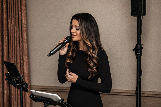 Close-up of Vocals by Suzie singing live with handheld microphone and professional event sound setup