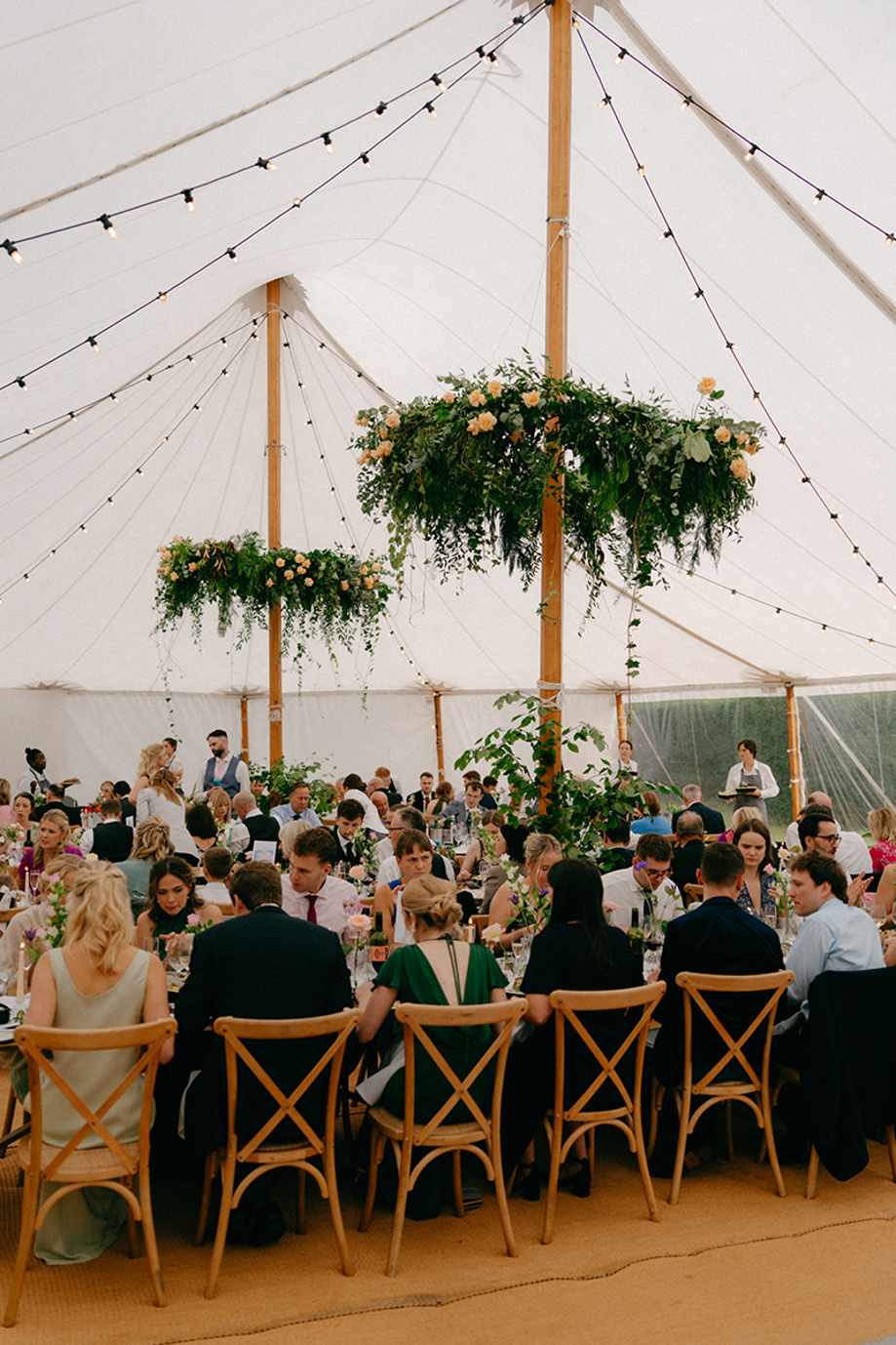 Wedding marquee with hanging floral installations by Agapanthus Flower Studio at Gilmerton House