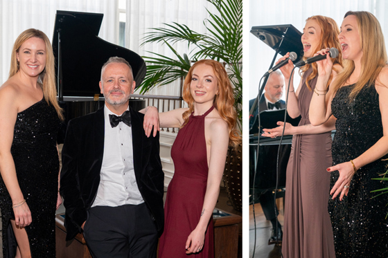 Copper Blonde wedding band trio posing together at an elegant venue before a live performance