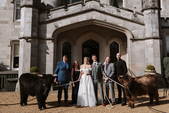 Newlyweds and members of their wedding party pose with two Highland cows from Crazy Critters Experience at Dundas Castle.