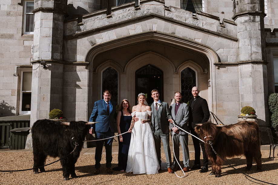 Newlyweds and members of their wedding party pose with two Highland cows from Crazy Critters Experience at Dundas Castle.