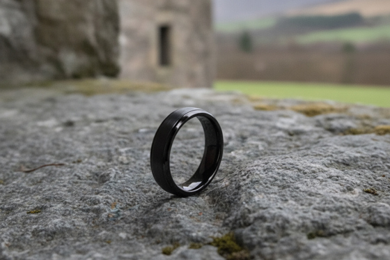 Black Forge & Lumber Cannon wedding ring photographed on a stone wall with a historic Scottish castle in the background.