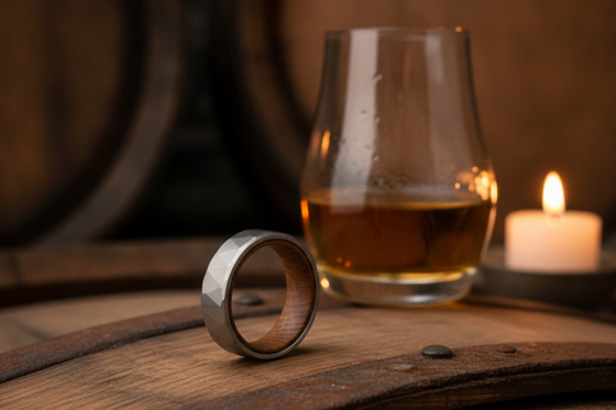 Forge & Lumber Cask wedding ring with a faceted metal exterior and wooden inner band, styled beside a glass of whisky and candlelight.