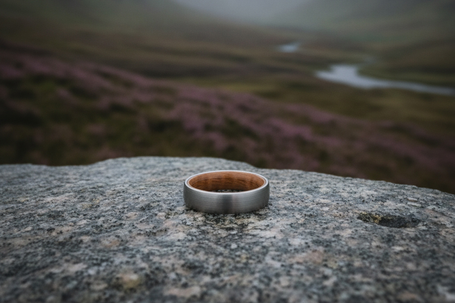 Forge & Lumber Glen wedding ring with a wooden inner band photographed on a rock against a heather-covered Highland landscape.