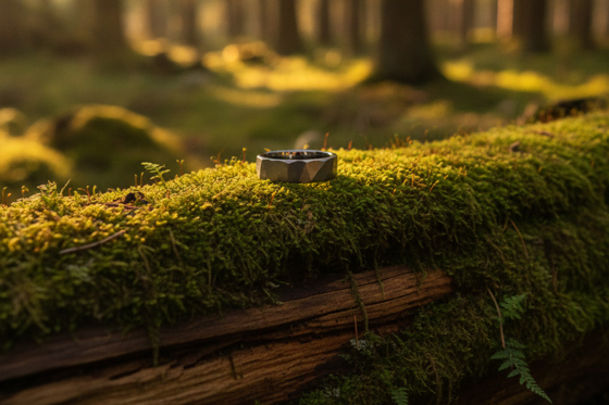 Faceted Forge & Lumber Granite alternative wedding ring displayed on moss-covered wood in a sunlit forest.