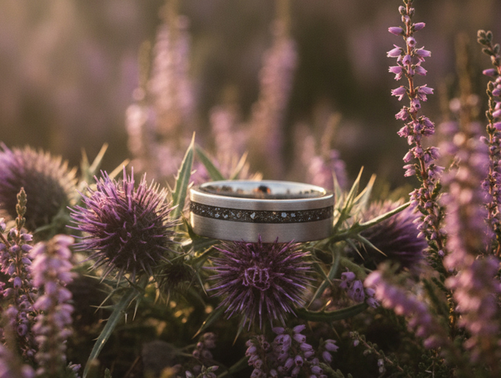 Forge & Lumber Nova wedding ring with a dark textured inlay photographed among purple Scottish thistles and heather.