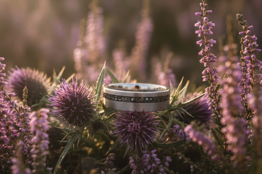 Forge & Lumber Nova wedding ring with a dark textured inlay photographed among purple Scottish thistles and heather.