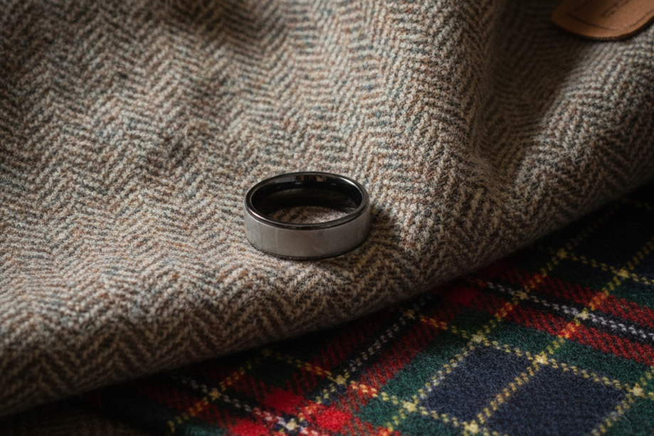 Dark Forge & Lumber Titan Tweed wedding band styled on grey herringbone tweed beside traditional tartan fabric.