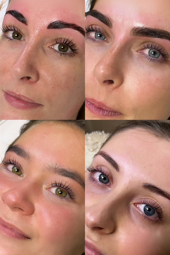 Close-up collage showing shaped bridal brows and lifted lashes created by Browz & Bronze by Leah.