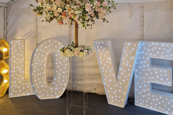 Letter lights saying "Love" with acrylic pillar topped with pink and white floral tree