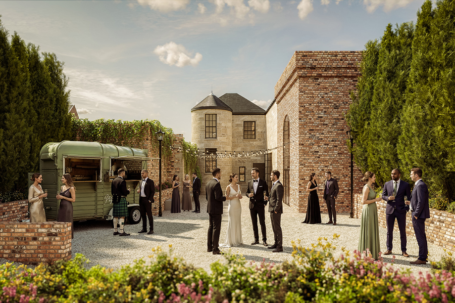Wedding drinks reception in the walled garden at The West Works Glasgow, with guests gathered beside a mobile bar and festoon lights