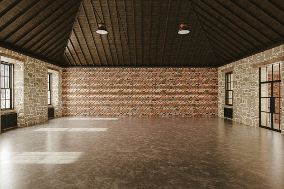 Empty Gallery Room at The West Works Glasgow showing exposed stone walls, large windows, brick feature wall and dark timber ceiling