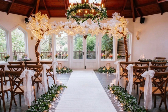 Orangery wedding ceremony setup at Dalgarven House with white aisle, blossom arch, candles and floral décor