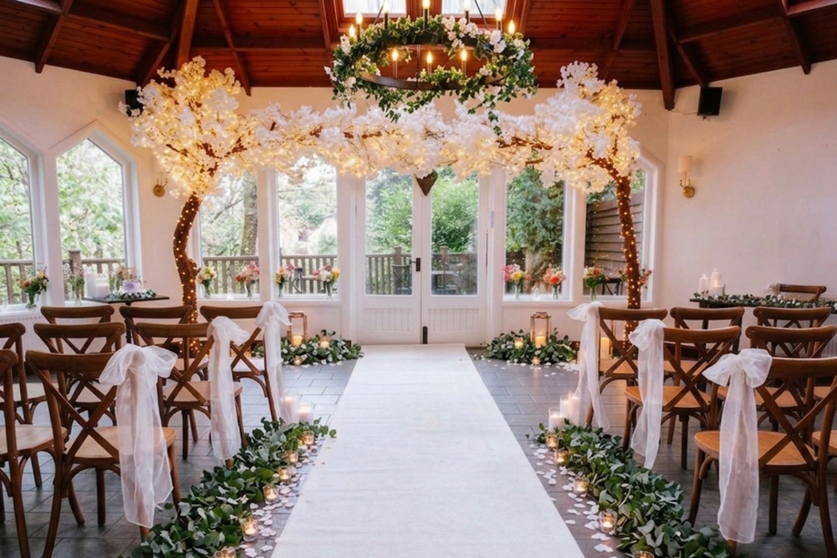 Orangery wedding ceremony setup at Dalgarven House with white aisle, blossom arch, candles and floral décor