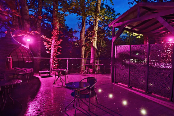 Woodland terrace at Dalgarven House lit with pink evening lighting, outdoor seating and covered ceremony space