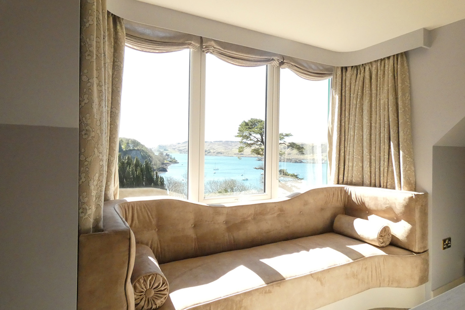 Built-in window seat in the honeymoon suite at Dungallan Country House, with views across the Sound of Kerrera.