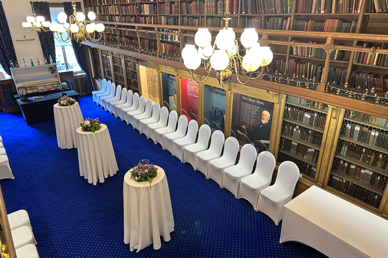 Lower library decorated for drinks reception