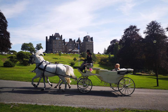 Horse-drawn white wedding carriage arriving at Atholl Palace Hotel, with two white horses and the historic Scottish hotel in the background on a sunny day.