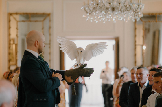 Owl ring bearer arriving during a wedding ceremony inside Auchen Castle.