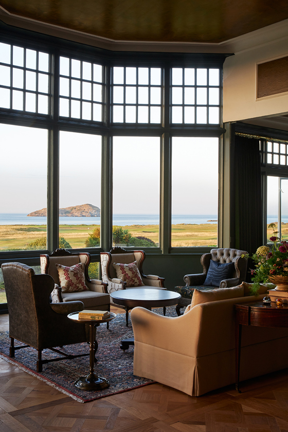 Marine North Berwick lounge with floor-to-ceiling windows overlooking the golf course and coastline