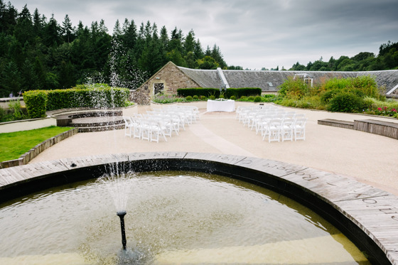 Water feature with outdoor ceremony set up